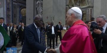 Tinubu exchange pleasantries with Pope Leo XIV at Vatican mass